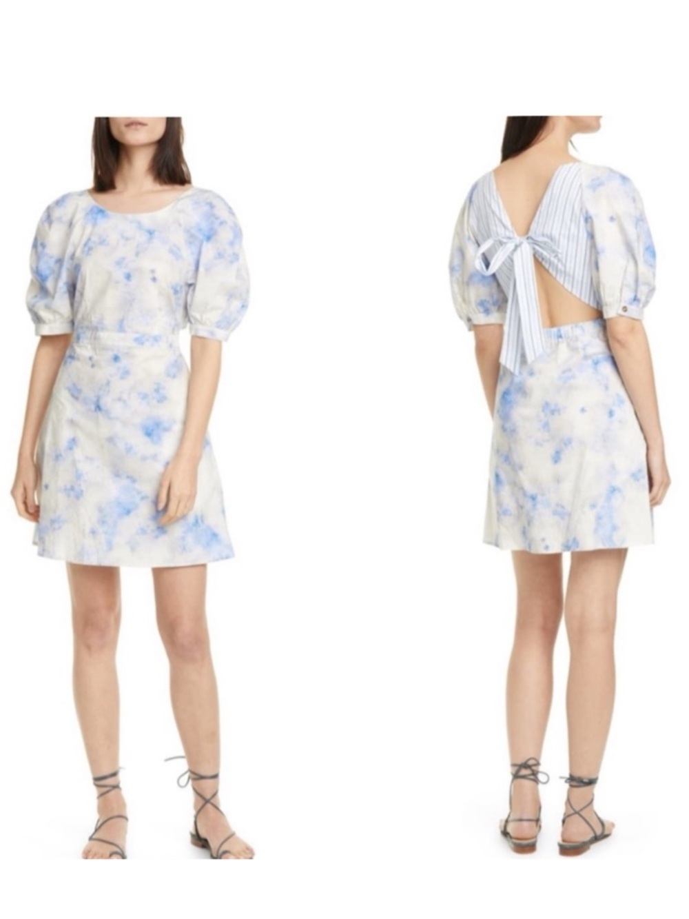 Baum und Pferdgarten Adalane Tie Back Puff Sleeve Minidress Blue White US 12 NWT